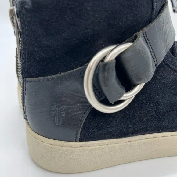 Frye Lena Harness High Top Sneakers Size 5.5 Black Suede Lace Up With Buckle - Picture 9 of 11